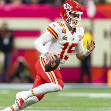 Feb 9, 2025; New Orleans, LA, USA;  Kansas City Chiefs quarterback Patrick Mahomes (15) against the Philadelphia Eagles in Super Bowl LIX at Ceasars Superdome.