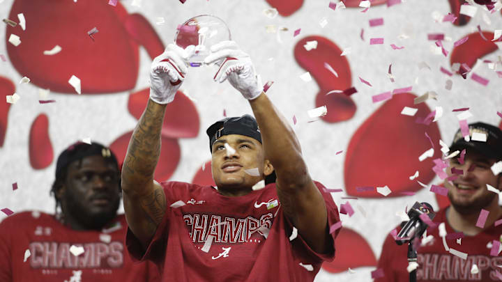 Jan 1, 2021; Arlington, TX, USA; Alabama Crimson Tide defensive back Patrick Surtain II (2) celebrates after he is named defensive player of the game after the Alabama Crimson Tide defeated the Notre Dame Fighting Irish during the Rose Bowl at AT&T Stadium.  Mandatory Credit: Tim Heitman-Imagn Images 