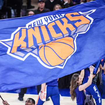 Apr 20, 2024; New York, New York, USA; The New York Knicks hype squad performs during a timeout in the fourth quarter against the Philadelphia 76ers in game one of the first round for the 2024 NBA playoffs at Madison Square Garden. Mandatory Credit: Wendell Cruz-Imagn Images