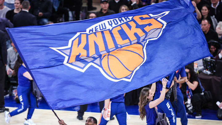 Apr 20, 2024; New York, New York, USA; The New York Knicks hype squad performs during a timeout in the fourth quarter against the Philadelphia 76ers in game one of the first round for the 2024 NBA playoffs at Madison Square Garden. Mandatory Credit: Wendell Cruz-Imagn Images