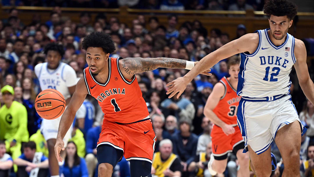 Feb 28, 2026; Durham, North Carolina, USA; Virginia Cavaliers guard Malik Thomas (1) dribbles up court as Duke Blue Devils forward Cameron Boozer (12) pursues during the first half at Cameron Indoor Stadium. Mandatory Credit: Rob Kinnan-Imagn Images Feb 28, 2026; Durham, North Carolina, USA; Virginia Cavaliers guard Malik Thomas (1) dribbles up court as Duke Blue Devils forward Cameron Boozer (12) pursues during the first half at Cameron Indoor Stadium. Mandatory Credit: Rob Kinnan-Imagn Images