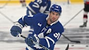 Sep 22, 2024; Toronto, Ontario, CAN;  Toronto Maple Leafs forward John Tavares (19) warms up before playing the Ottawa Senators at Scotiabank Arena. Mandatory Credit: Dan Hamilton-Imagn Images