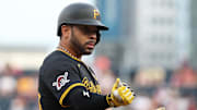 Jul 25, 2025; Pittsburgh, Pennsylvania, USA;  Pittsburgh Pirates left fielder Tommy Pham (28) reacts after a triple against the Arizona Diamondbacks during the second inning at PNC Park. Mandatory Credit: Charles LeClaire-Imagn Images