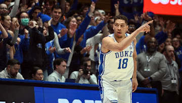 Jan 14, 2025; Durham, North Carolina, USA; Duke basketball forward Mason Gillis (18) reacts after hitting a three-pointer during the first half against the Miami Hurricanes at Cameron Indoor Stadium.