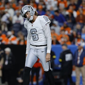 Nov 6, 2025; Denver, Colorado, USA; Las Vegas Raiders punter AJ Cole (6) reacts during the first half at Empower Field at Mile High. Mandatory Credit: Isaiah J. Downing-Imagn Images