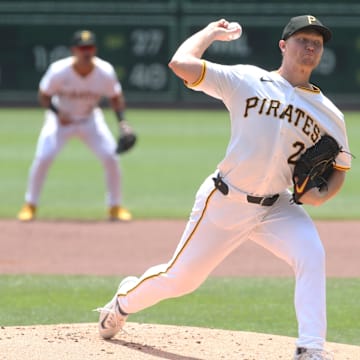 Jul 2, 2025; Pittsburgh, Pennsylvania, USA;  Pittsburgh Pirates starting pitcher Mitch Keller (23) delivers a pitch against the St. Louis Cardinals during the first inning at PNC Park. Mandatory Credit: Charles LeClaire-Imagn Images