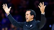 Nov 29, 2025; Miami, Florida, USA; Miami Heat head coach Erik Spoelstra reacts during the second half against the Detroit Pistons at Kaseya Center. Mandatory Credit: Rhona Wise-Imagn Images