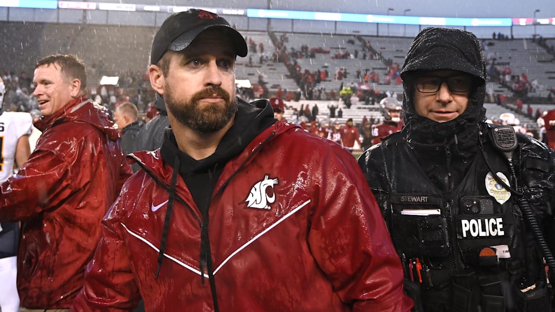 Oct 25, 2025; Pullman, Washington, USA; Washington State Cougars head coach Jimmy Rogers walks off the field after a game against the Toledo Rockets at Gesa Field at Martin Stadium. Washington State Cougars won 28-7. Mandatory Credit: James Snook-Imagn Images