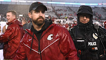 Oct 25, 2025; Pullman, Washington, USA; Washington State Cougars head coach Jimmy Rogers walks off the field after a game against the Toledo Rockets at Gesa Field at Martin Stadium. Washington State Cougars won 28-7. Mandatory Credit: James Snook-Imagn Images