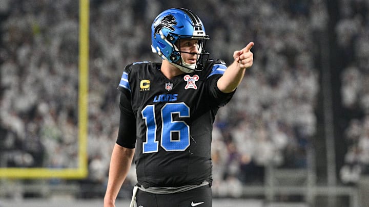 Dec 25, 2025; Minneapolis, Minnesota, USA; Detroit Lions quarterback Jared Goff (16) calls a play at the line of scrimmage against the Minnesota Vikings in the second quarter at U.S. Bank Stadium. Mandatory Credit: Jeffrey Becker-Imagn Images