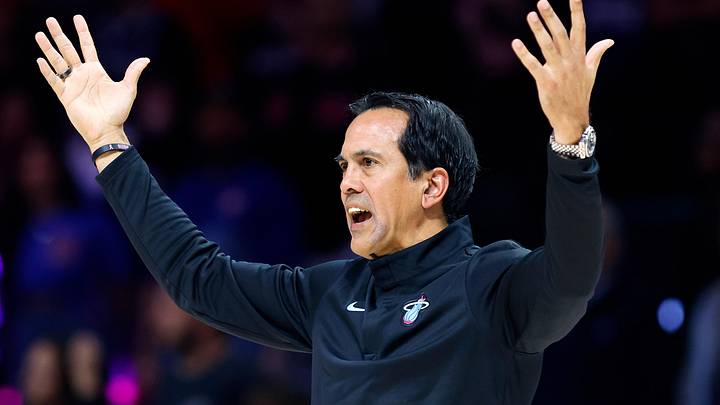 Miami Heat head coach Erik Spoelstra reacts  (Mandatory Credit: Rhona Wise-Imagn Images)