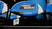 A general view of the NCAA March Madness chairs and logo prior to the second round game between the Washington State Cougars and the Iowa State Cyclones.
