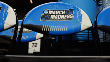 A general view of the NCAA March Madness chairs and logo prior to the second round game between the Washington State Cougars and the Iowa State Cyclones.