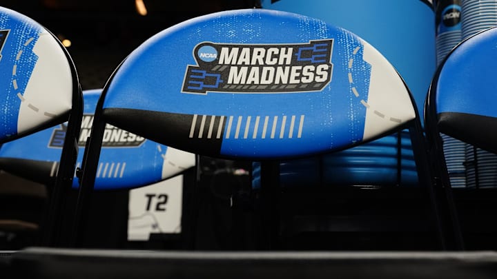 A general view of the NCAA March Madness chairs and logo prior to the second round game between the Washington State Cougars and the Iowa State Cyclones. A general view of the NCAA March Madness chairs and logo prior to the second round game between the Washington State Cougars and the Iowa State Cyclones.