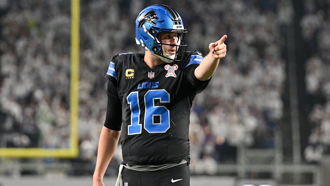 Dec 25, 2025; Minneapolis, Minnesota, USA; Detroit Lions quarterback Jared Goff (16) calls a play at the line of scrimmage against the Minnesota Vikings in the second quarter at U.S. Bank Stadium. Mandatory Credit: Jeffrey Becker-Imagn Images