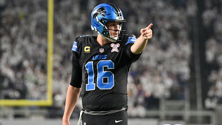 Dec 25, 2025; Minneapolis, Minnesota, USA; Detroit Lions quarterback Jared Goff (16) calls a play at the line of scrimmage against the Minnesota Vikings in the second quarter at U.S. Bank Stadium. Mandatory Credit: Jeffrey Becker-Imagn Images