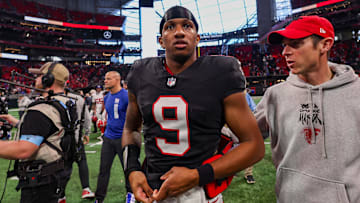 Dec 22, 2024; Atlanta, Georgia, USA; Atlanta Falcons quarterback Michael Penix Jr. (9) on the field after a victory over the New York Giants at Mercedes-Benz Stadium. Mandatory Credit: Brett Davis-Imagn Images
