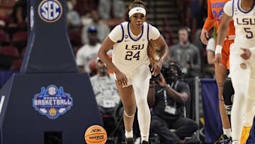 Mar 7, 2025; Greenville, SC, USA; LSU Lady Tigers guard Aneesah Morrow (24) brings the ball up court against the Florida Gators during the first half at Bon Secours Wellness Arena. Mandatory Credit: Jim Dedmon-Imagn Images