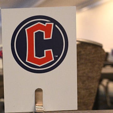 Dec 7, 2022; San Diego, CA, USA; A general view of a Cleveland Guardians logo in a meeting room during the 2022 MLB Winter Meetings at Manchester Grand Hyatt. Mandatory Credit: Orlando Ramirez-Imagn Images