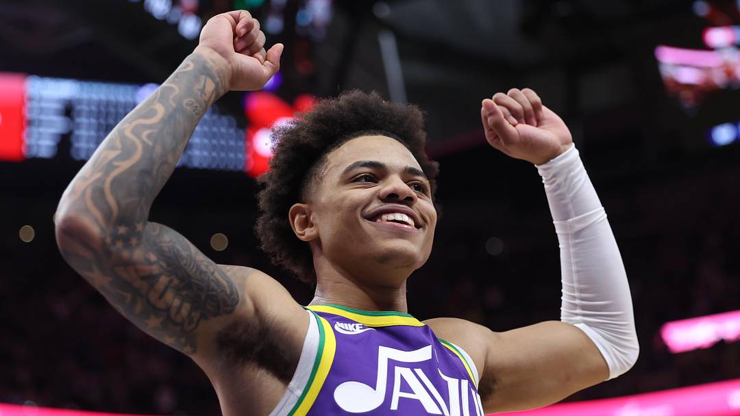 Nov 27, 2023; Salt Lake City, Utah, USA; Utah Jazz guard Keyonte George (3) celebrates a victory over the New Orleans Pelicans at Delta Center. Mandatory Credit: Rob Gray-Imagn Images