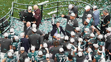 Feb 9, 2025; New Orleans, LA, USA; Philadelphia Eagles general manager Howie Roseman celebrates after defeating the Kansas City Chiefs in Super Bowl LIX at Caesars Superdome. Mandatory Credit: James Lang-Imagn Images