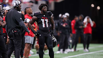Aug 8, 2025; Atlanta, Georgia, USA; Atlanta Falcons linebacker Jalon Walker (11) on the sideline against the Detroit Lions in the second quarter at Mercedes-Benz Stadium. Mandatory Credit: Brett Davis-Imagn Images
