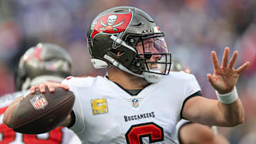 Nov 24, 2024; East Rutherford, New Jersey, USA; Tampa Bay Buccaneers quarterback Baker Mayfield (6) throws a pass during the second half against the New York Giants at MetLife Stadium. Mandatory Credit: Vincent Carchietta-Imagn Images