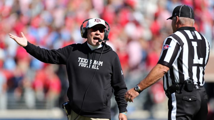 Nov 4, 2023; Oxford, Mississippi, USA; Texas A&M Aggies head coach Jimbo Fisher reacts  during the first half against the Mississippi Rebels at Vaught-Hemingway Stadium. Mandatory Credit: Petre Thomas-USA TODAY Sports