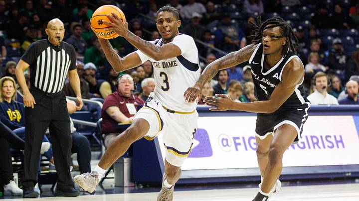 Notre Dame guard Markus Burton (3) drives to the basket during a NCAA men's basketball game against Bellarmine at Purcell Pavilion on Wednesday, Nov. 19, 2025, in South Bend.