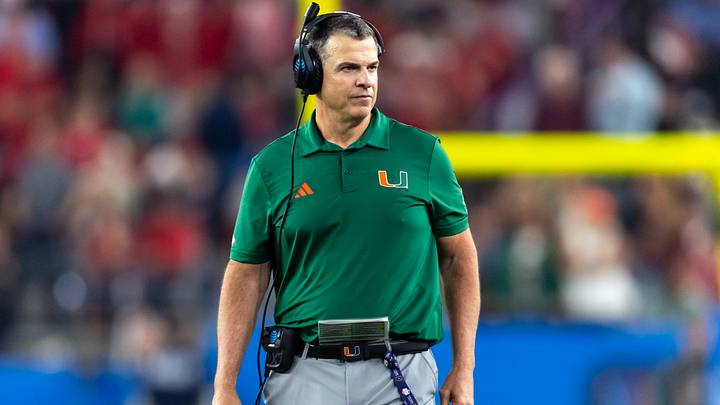 Jan 8, 2026; Glendale, AZ, USA; Miami Hurricanes head coach Mario Cristobal against the Mississippi Rebels during the 2026 Fiesta Bowl and semifinal game of the College Football Playoff at State Farm Stadium. Mandatory Credit: Mark J. Rebilas-Imagn Images