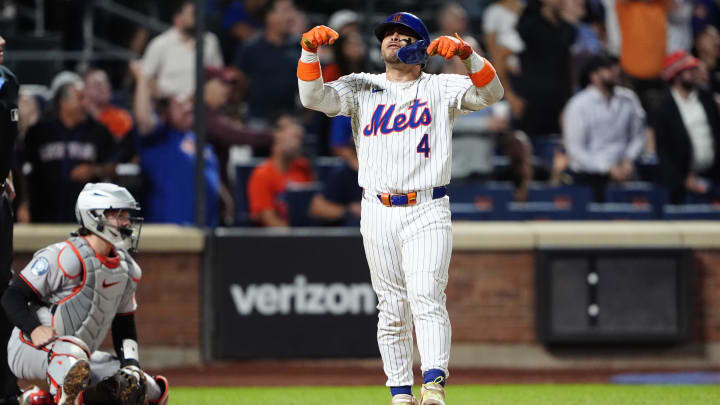 Aug 19, 2024; New York City, New York, USA; New York Mets catcher Francisco Alvarez (4) reacts to hitting a game-winning walk off home run against the Baltimore Orioles during the ninth inning at Citi Field. Mandatory Credit: Gregory Fisher-USA TODAY Sports