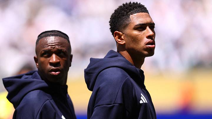 [Subscription Customers Only] Jun 18, 2025; Miami Gardens, Florida, USA; Real Madrid CF forward Vinicius Junior (7) and midfielder Jude Bellingham (5) before a group stage match of the 2025 FIFA Club World Cup at Hard Rock Stadium. Mandatory Credit: Hannah Mckay-Reuters via Imagn Images