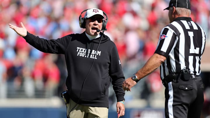 Nov 4, 2023; Oxford, Mississippi, USA; Texas A&M Aggies head coach Jimbo Fisher reacts during the first half against the Mississippi Rebels at Vaught-Hemingway Stadium.