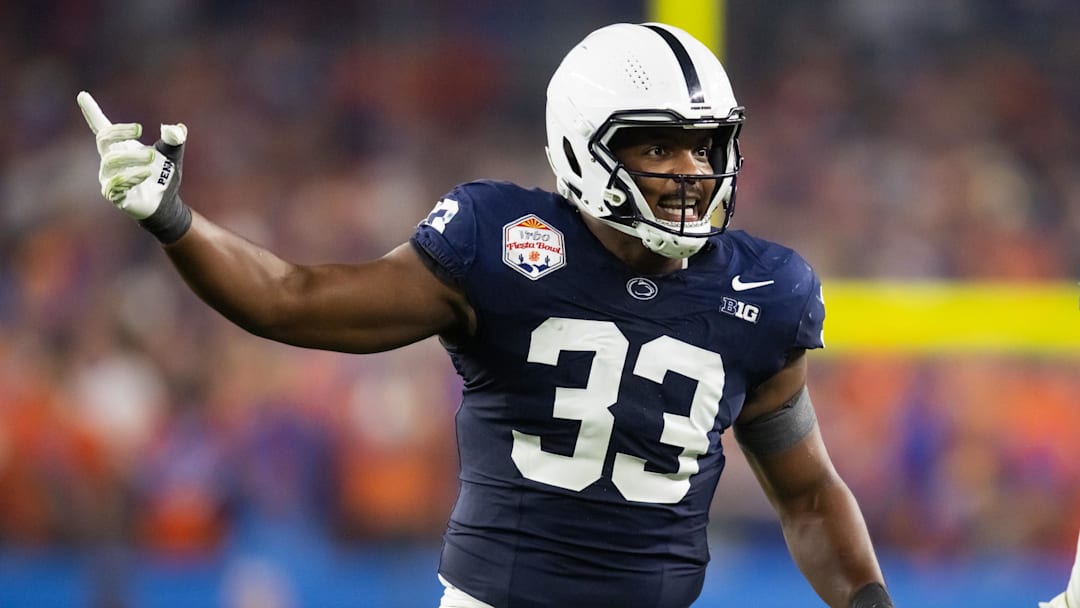 Dec 31, 2024; Glendale, AZ, USA; Penn State Nittany Lions defensive end Dani Dennis-Sutton (33) against the Boise State Broncos during the Fiesta Bowl at State Farm Stadium. Mandatory Credit: Mark J. Rebilas-Imagn Images