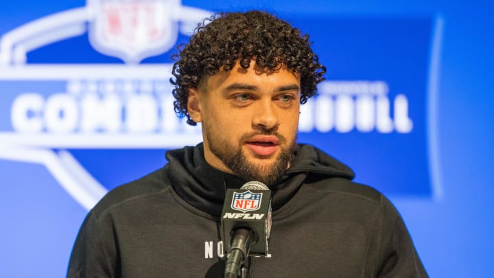 Mar 1, 2024; Indianapolis, IN, USA; Oregon State wide receiver Anthony Gould (WO09) talks to the media during the 2024 NFL Combine at Lucas Oil Stadium. Mandatory Credit: Trevor Ruszkowski-USA TODAY Sports