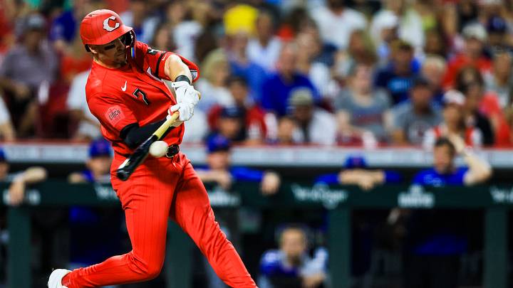 Jul 11, 2026; Cincinnati, Ohio, USA; Cincinnati Reds outfielder Spencer Steer (7) bats against the Chicago Cubs in the eighth inning at Great American Ball Park. Mandatory Credit: Katie Stratman-Imagn Images