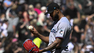 May 11, 2025; Chicago, Illinois, USA;  Miami Marlins pitcher Sandy Alcantara (22) reacts after being relieved during the sixth inning against the Chicago White Sox at Rate Field. 