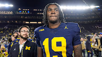 Michigan quarterback Bryce Underwood (19) walks off the field after 34-17 win at Michigan Stadium in Ann Arbor on Saturday, August 30, 2025.