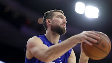 Jan 29, 2025; Philadelphia, Pennsylvania, USA; Sacramento Kings forward Domantas Sabonis warms up before a game against the Philadelphia 76ers at Wells Fargo Center. Mandatory Credit: Bill Streicher-Imagn Images