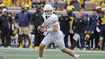 Sep 7, 2024; Ann Arbor, Michigan, USA; Texas Longhorns quarterback Quinn Ewers (3) passes in the second half against the Michigan Wolverines at Michigan Stadium. Mandatory Credit: Rick Osentoski-Imagn Images