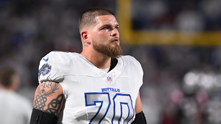 Oct 5, 2025; Orchard Park, New York, USA; Buffalo Bills offensive tackle Alec Anderson (70) practices before the game at Highmark Stadium. Mandatory Credit: Mark Konezny-Imagn Images