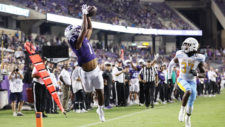 Sep 7, 2024; Fort Worth, Texas, USA; TCU Horned Frogs wide receiver JoJo Earle (11) cannot catch a pass against the Long Island Sharks in the fourth quarter at Amon G. Carter Stadium. Mandatory Credit: Tim Heitman-Imagn Images