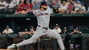 Aug 22, 2025; Arlington, Texas, USA; Cleveland Guardians starting pitcher Slade Cecconi (44) throws to the plate during the first inning against the Texas Rangers at Globe Life Field. Mandatory Credit: Raymond Carlin III-Imagn Images