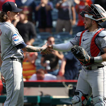 Sep 15, 2024; Anaheim, California, USA;  Houston Astros relief pitcher Josh Hader (71) celebrates a victory with catcher Yainer Diaz (21) after defeating the Los Angeles Angels 6-4 at Angel Stadium.