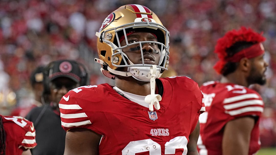 Sep 9, 2024; Santa Clara, California, USA; San Francisco 49ers running back Patrick Taylor Jr. (32) watches the action from the sideline in the third quarter against the New York Jets at Levi's Stadium.