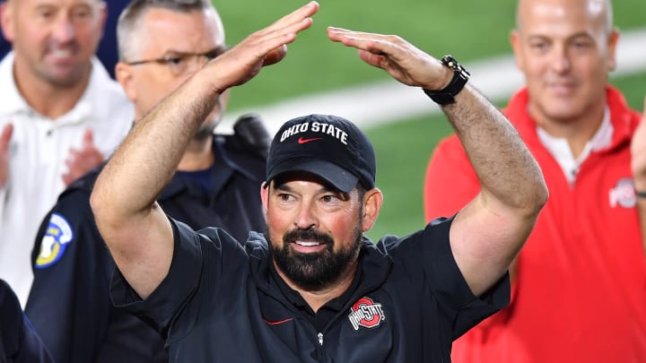 Sep 23, 2023; South Bend, Indiana, USA; Ohio State Buckeyes head coach Ryan Day celebrates after Ohio State defeated the Notre Dame Fighting Irish 17-14 at Notre Dame Stadium. Mandatory Credit: Matt Cashore-USA TODAY Sports