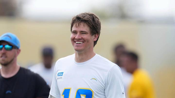 May 12, 2025; El Segundo, CA, USA; Los Angeles Chargers quarterback Justin Herbert (10) reacts during offseason workouts at The Bolt. Mandatory Credit: Kirby Lee-Imagn Images