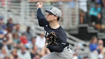 Feb 22, 2025; Dunedin, Florida, USA; New York Yankees pitcher Harrison Cohen (33) throws a pitch during the third inning against the Toronto Blue Jays  at TD Ballpark. Mandatory Credit: Kim Klement Neitzel-Imagn Images