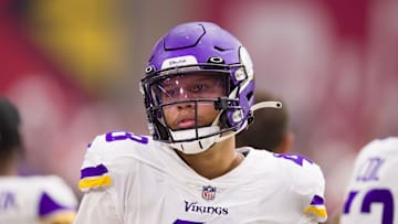 Sep 19, 2021; Glendale, Arizona, USA; Minnesota Vikings linebacker Blake Lynch (48) in the first half against the Arizona Cardinals at State Farm Stadium. Mandatory Credit: Billy Hardiman-Imagn Images