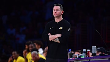 Feb 6, 2025; Los Angeles, California, USA; Los Angeles Lakers head coach JJ Redick watches game action against the Golden State Warriors during the second half at Crypto.com Arena. Mandatory Credit: Gary A. Vasquez-Imagn Images